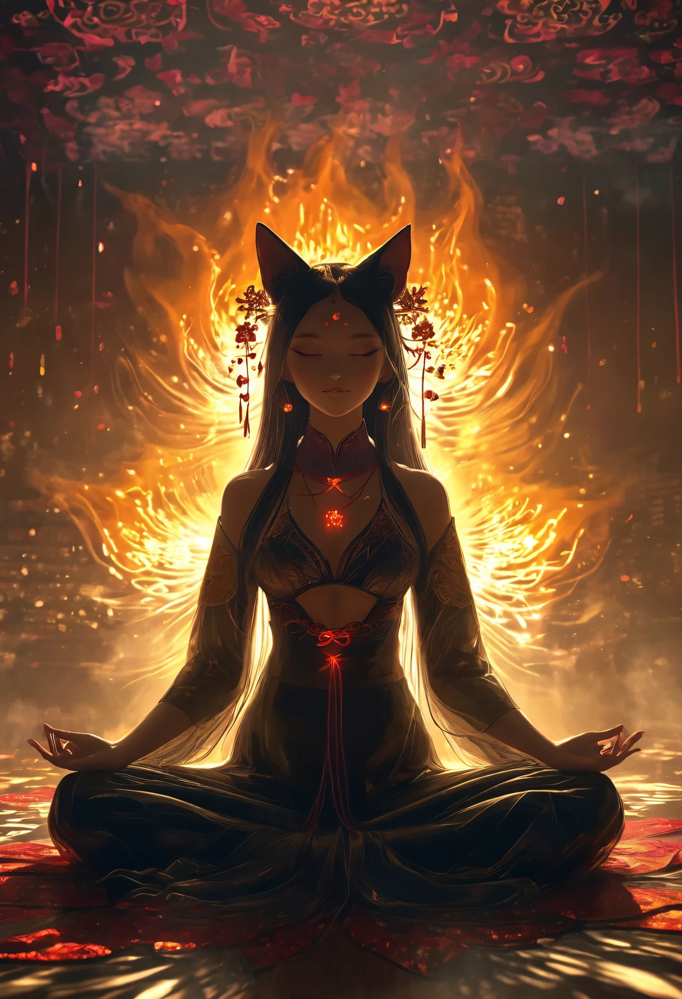 fullbody Photography of lotus pose girl,greetomically correct,Raw, cinematic shot, (sharp focus:1.5), (photorealistic:1.4), twilight lighting, volumetric lighting, ultra high res, 16K,dramatic lighting, abstract backgrounds:1.5)(zentangle,datura,Tangles,entangled:0.7)Kitsune witch,kitsune mask,Haori jacket, foxfire spell, fox family, transformation, depth of field, Fantastical Atmosphere, The most beautiful form of chaos, ellegance, Dark theme of Fauvist design, Flower of Death, Flowers of ecstasy,Glowing Line,Glow Example,Tracking example,flash, Backlight,translucent,light particles,xianxia,Xill