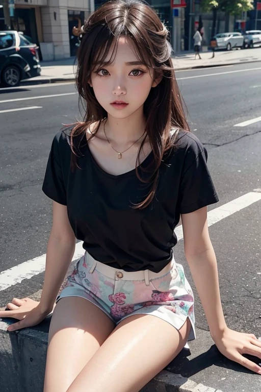 beautiful girl, sitting on the street, wearing a short shirt, see-through underwear, no pants, elegant face, smooth skin, bright sunlight, the photo exudes youthfulness and vitality of a teenage girl. The shirt has shiny silk material and beautiful colors. The girl's shirt has rainbow colors and detailed brocade embroidery. The photo focuses on the girl's crotch.