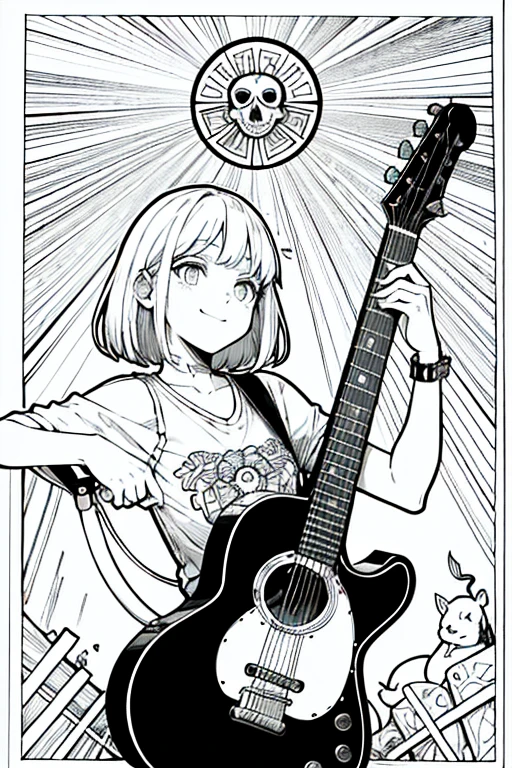 ((Hardcore Punk Girl))、((British punk rock girl)), ((Circus)), ((play the guitar)),Manga style, Horror elements, Comic style illustration, (drawing style), Japanese painting, whole body (spooky), Japan sculpture, primitive art, Circus, crazy illustration, Flat Illustration, Blissful smile, spookyな外観, Distinctive messy hairstyle, punk band poster、 白地に黒のLine art, Until then,Does not discharge black, Coloring book, 非常に詳細な絶妙なファンart, Black ink strokes, ファンタジーファンart, por Yoshihiko Wada, Animated Art Nouveau Universe Show,art:Alphonse Mucha ,Airflow,Only the characters&#39; lines and scenes lose their color...., No Shadow.,(masterpiece, Best Quality, High resolution:1.4), be familiar with, Complex, 10, Color Splash, Line art,