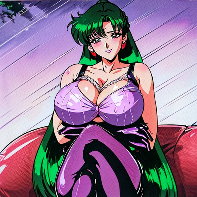 masterpiece, best quality, ultra high res, ultra-detailed, inside a nightclub, night, nightclub illumination, crowded dance stage behind character, setsuna, slut, solo, (green hair, purple eyes, very long ponytail: 1.4), red lipstick, red eyeliner, (gigantic tits and giant cleavage: 1.4), hairy pubic hair, (laced black bra, red latex mini skirt, black fishnet pantyhose: 1.5), looking at the viewer, sexual alluring expression, moaning, pleasure face, horny, very erotic face, wet, (setsuna is sitting with her legs crossed on a luxurious white couch in a nightclub while looking at the viewer with a very sexual and horny face and an alluring smile: 1.6), (bottom close pussy photo: 1.5)