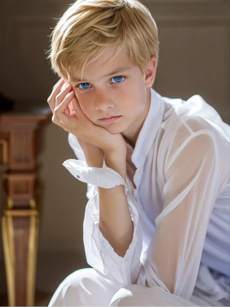 A boy crying blond boy with blue eyes very white skin very beautiful and tender face in a large and elegant room with clothes sad European boy with a tender and sad look very masculine