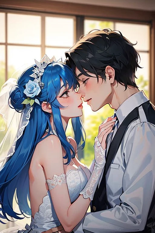 ke (((1male white hair people:Piercing in the left ear,、tall、tall、Tall、a handsome、refreshing、burly)))、(((1female blue hair:Long、short、Best style、F-cup、See-through sexy dress、Beautuful Women)))、((((a couple))))、{(Best Quality, 8K, masutepiece, nffsw, Soft lighting, image perfect, Digital Illustration, manhwa art, super detailed image, Perfect lines, )} พื้นหลังโบสถ์