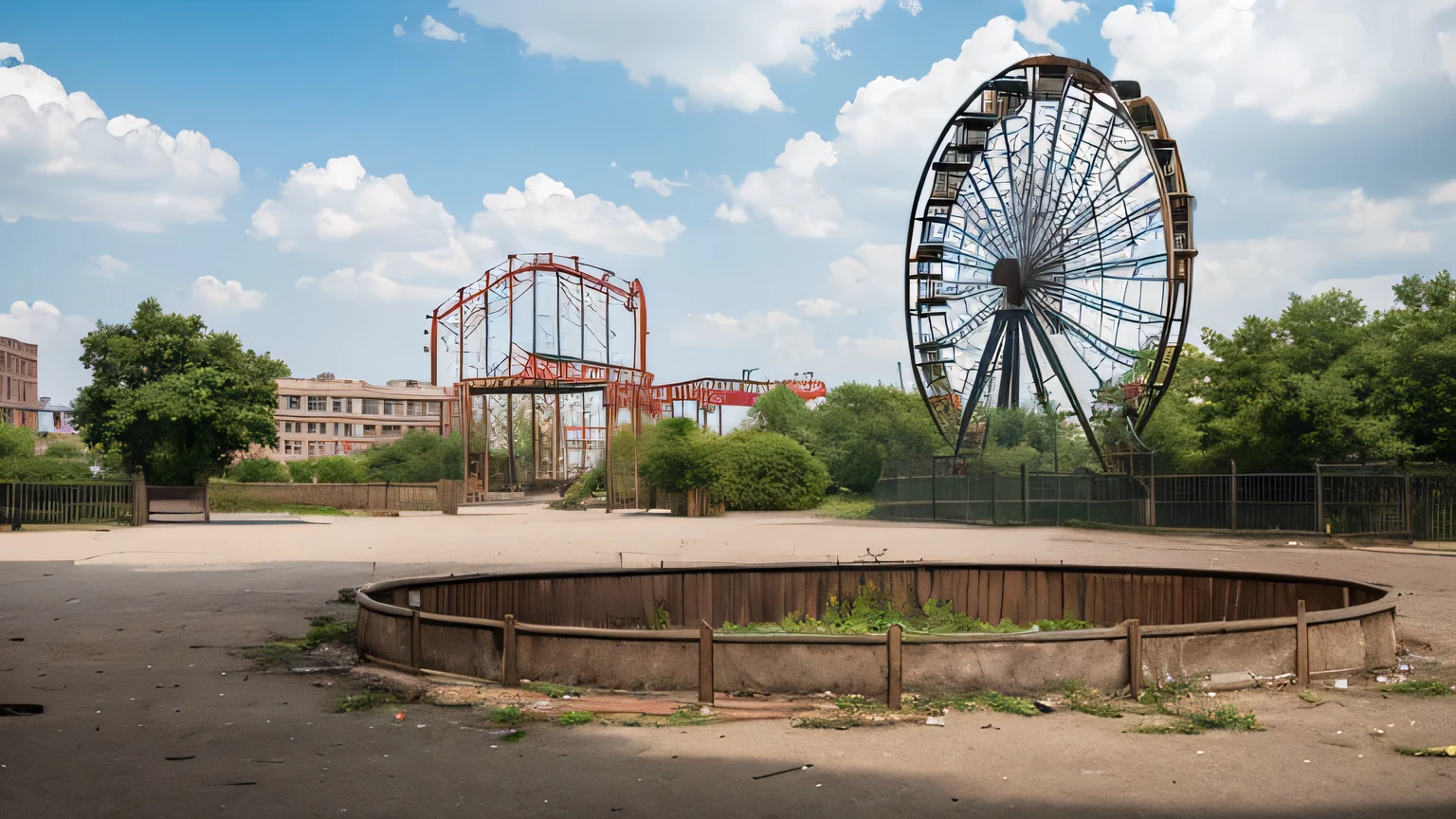 In an abandoned amusement park、A place like a square、The atmosphere is dilapidated, with dilapidated attractions visible in the background. Weeds grow randomly from cracks in the paved ground.、Rusty buildings are crumbling in places