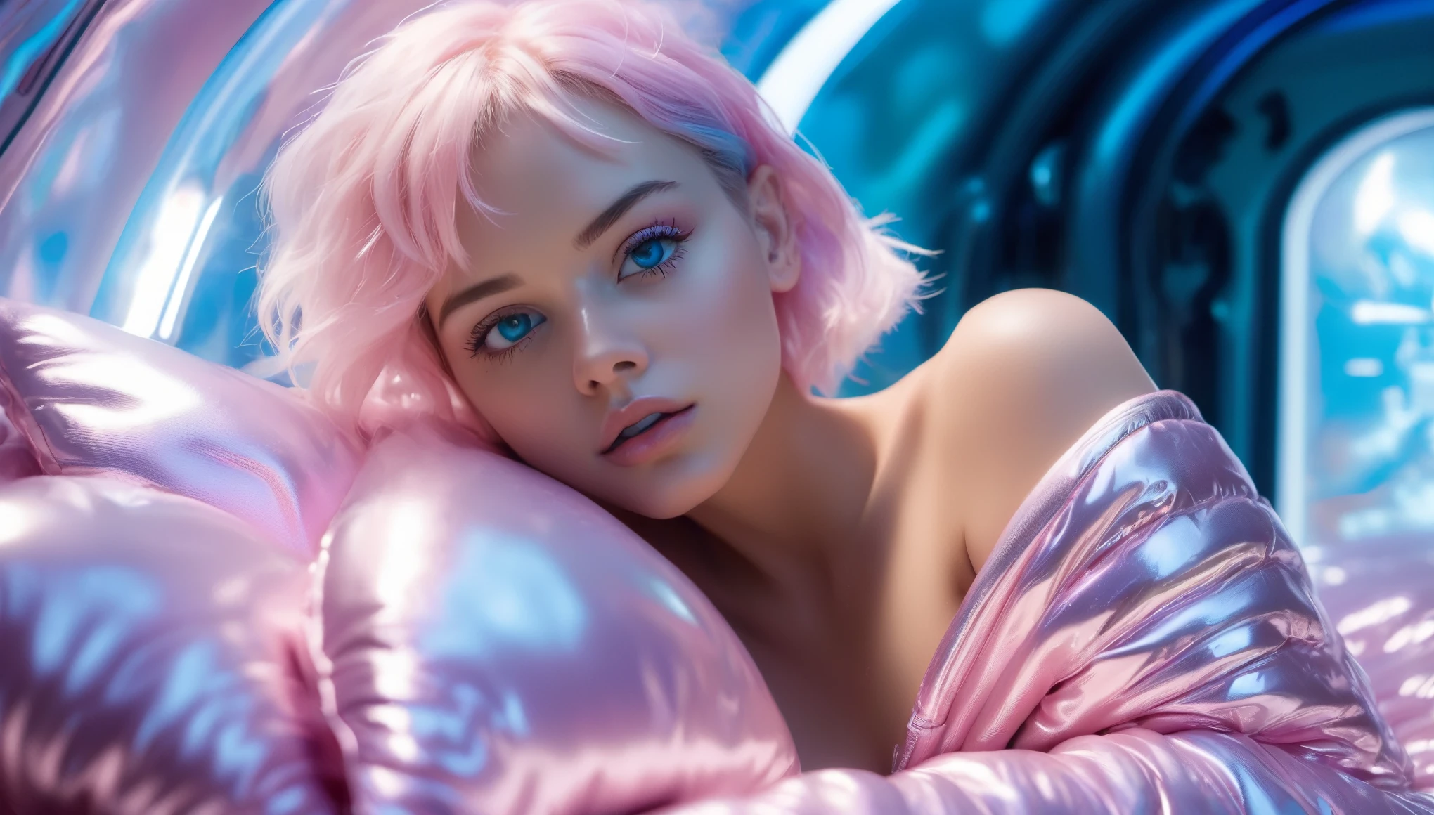 (8K, Raw photography, top-quality, ​masterpiece :1.3), (cute girl in a light pink blue open shiny puffer with short sleeves :1.3), (small perky breasts, extremely detailed face, beautiful detailed eyes, beautiful detailed lips :1.3), (posing anxiously on the bed in a spaceship :1.3) (pixie side shaved hair :1.3), (small perky breasts :1.3)