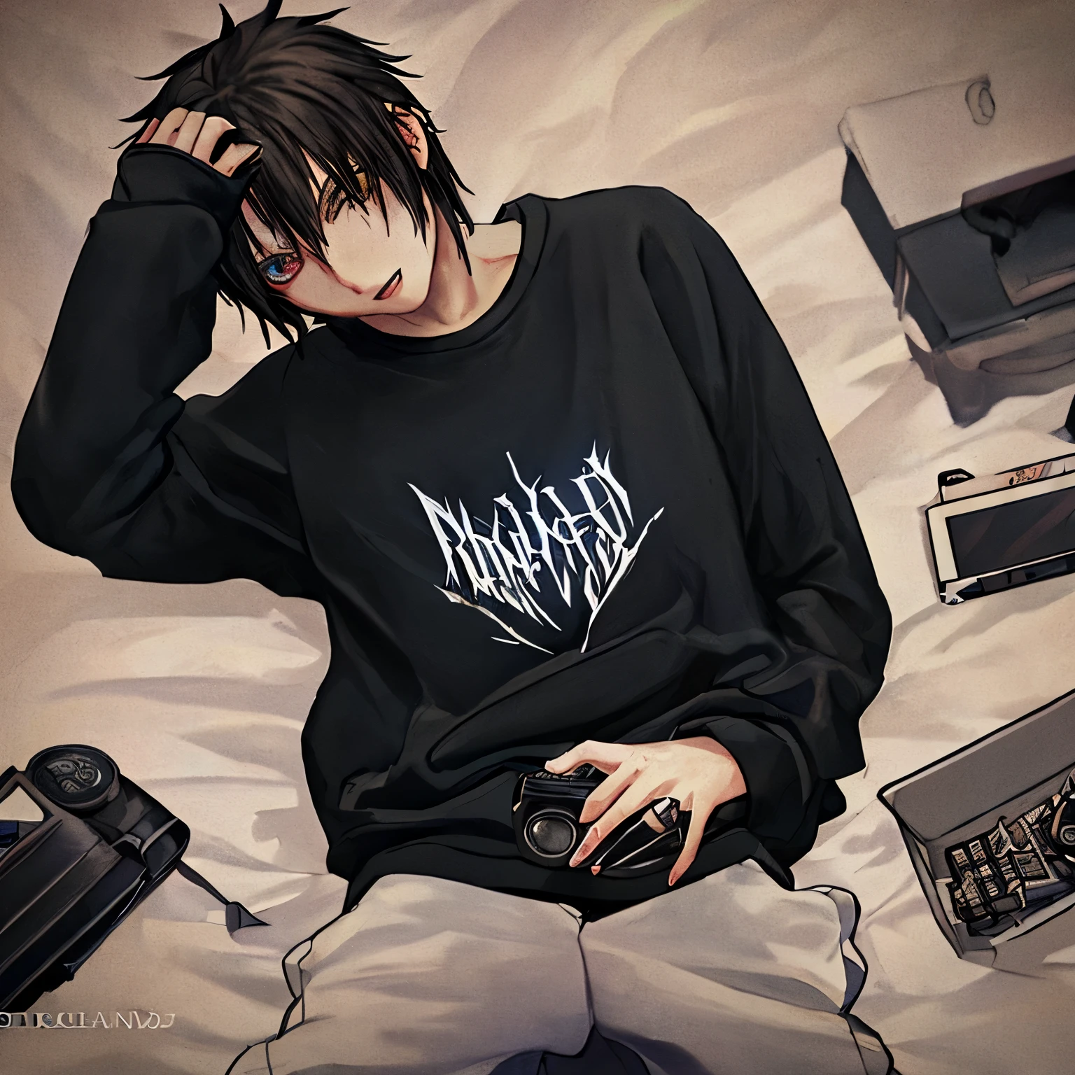 Photograph of a gamer wearing a sweatshirt that says DarkWord on the back