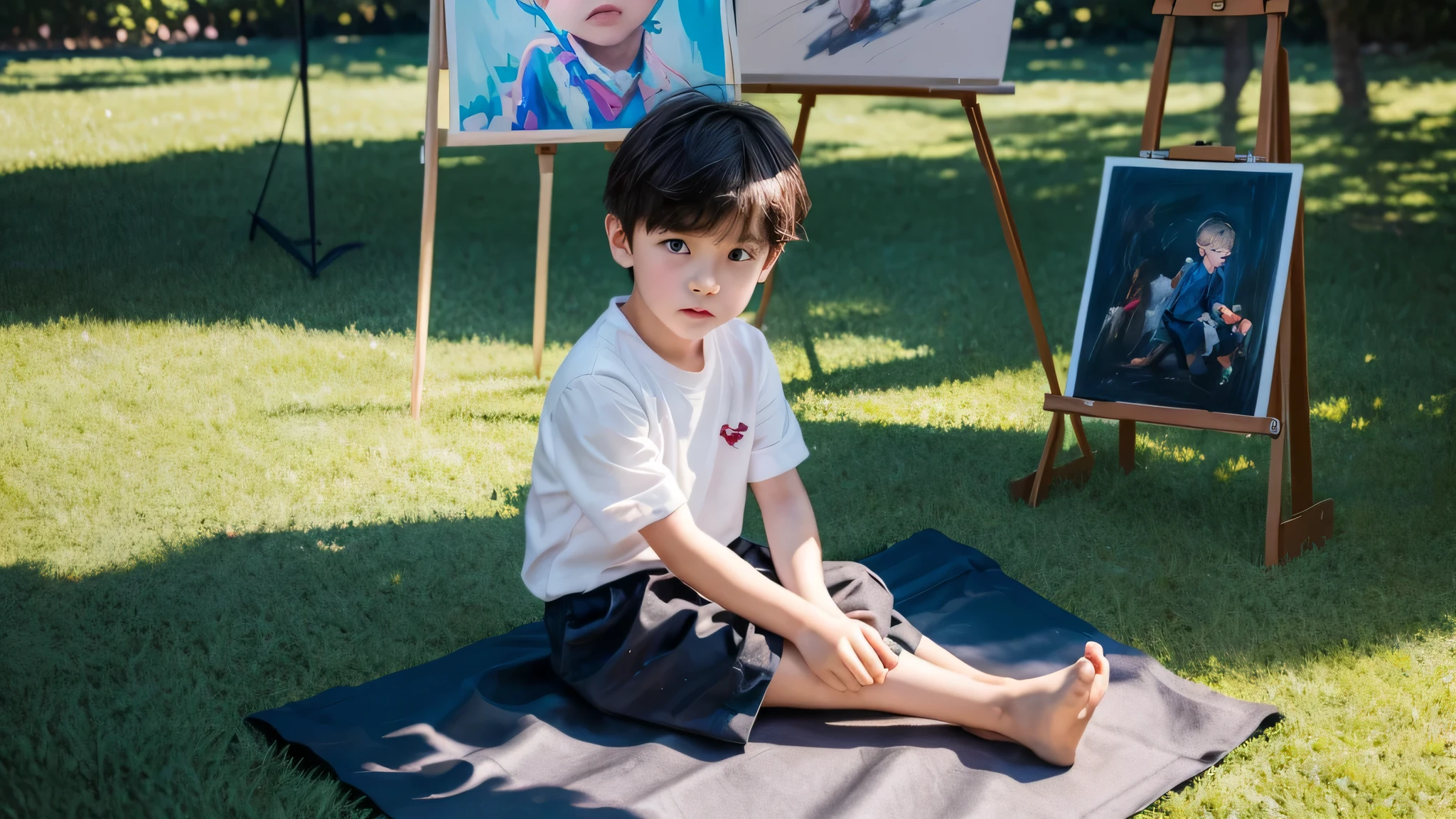There was a boy sitting on the grass in front of the easel, portrait picture, Young boy, kids drawing, yanjun cheng, kid, acrylic art, Cute boy, artistic pose, inspired by Yeong-Hao Han, art work, potrait, paining, kids drawing, Children, full body portrait painting, Portrait image