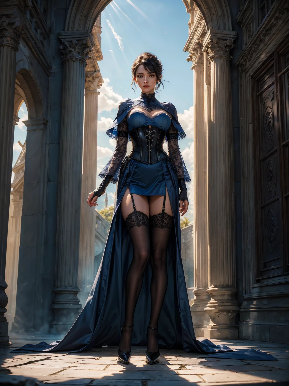 ((show full body from head to toe, standing, body facing to the viewer (show front body)). Tall body, fit body, slender body, medium breast. A female wizard wearing blue clothes, long sleeves(lace sleeves), skirts, corset, cloak, robes, cape, gloves, stockings, show heels. short hair with updo. Masterpiece:1.5, illustration:1.1, best quality:1.5, fine detail, perfect detail, 4k, HDR, balance focused camera view, centered camera view, middle camera view, vertical scape camera, natural lighting, bright lighting, sunlight, daylight, sharp focus, smooth detail, HDR, big resolution. Outdoor, bright sky.