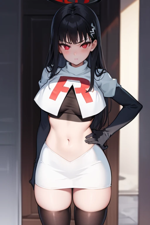 Rio, blue archive, black hair, halo halo, red eyes, face focus, mature female, large breast, head focus,team rocket,team rocket uniform,white skirt,red letter R,crop top,black thigh-highs,black elbow gloves