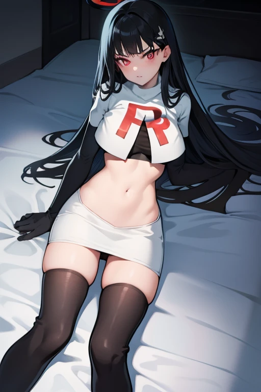 Rio, blue archive, black hair, halo halo, red eyes, face focus, mature female, large breast, head focus,team rocket,team rocket uniform,white skirt,red letter R,crop top,black thigh-highs,black elbow gloves