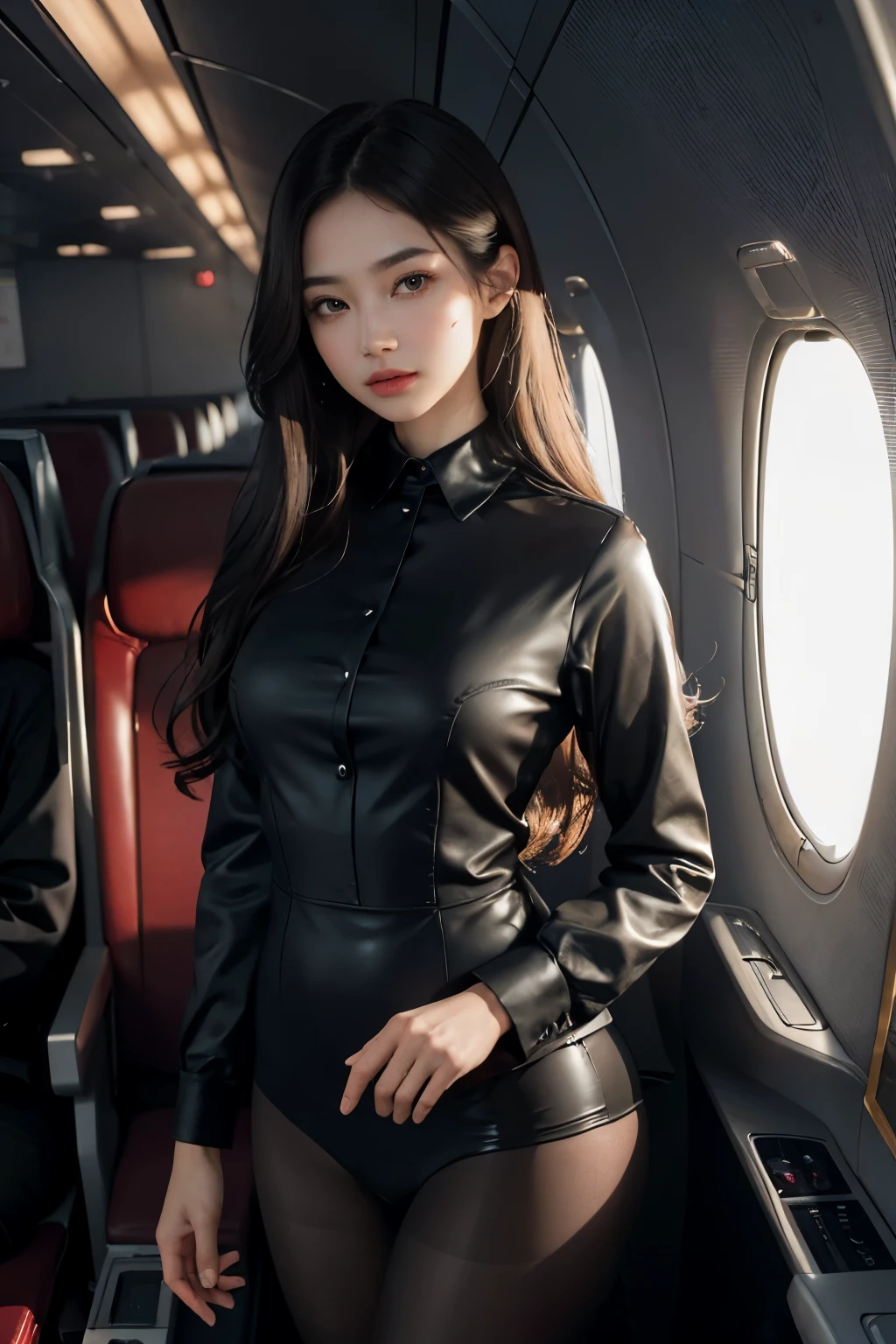 best quality, masterpiece, 8k, ultra high res, (photorealistic:1.4), highly detailed, intricate detail, delicate and beautiful, good lighting, professional lighting, sharp focus, detailed shadows, exquisite details and textures, depth of field, unity 8k wallpaper, cinematic composition, cinematic lighting, official art, Cabin Crew, flight attendant, black pantyhose, (aircraft, (Aircraft Corridor), Aircraft seats) beautiful elegant face, detailed face, detailed eyes, realistic hair, long hair, (1girl), (standing:1.3),