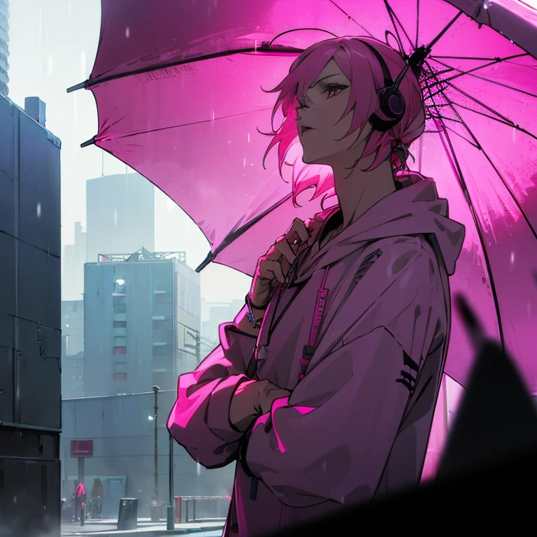 (Best quality), (masterpiece), (Super detailed), (Shortcuts), (Two-block hair), (Bright pink hair), (Red Eyes), (Cool pose), (Oversized hoodie), (Street Style), (neon), (Modern City), (neonデイライト), (Cinematic), (Stylish), (High resolution), (Hyper-detailed), (Soft Town), (Nightcore), (a handsome guy), (The natural look of the building), (IG Studio Anime Style), (Low - Angle), (visualize), (Purple Lip), (Wear headphones), (Screaming in the rain)
