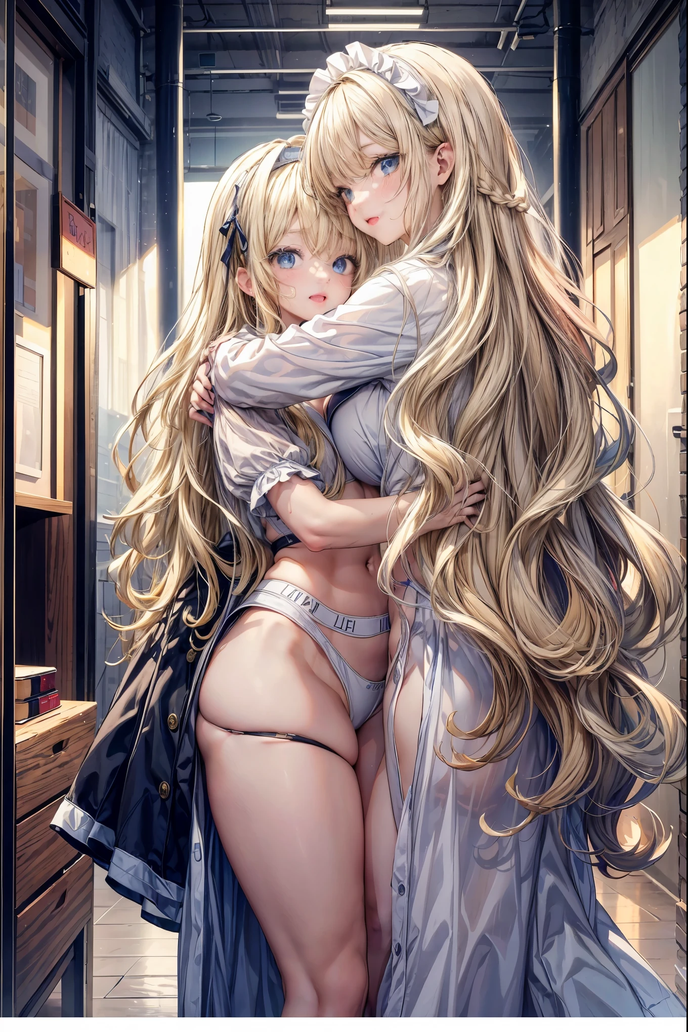 Super detailed、highest quality、Best image quality、masterpiece、8K、(two women hugging:1.5)、Anime Face、A kind smile、Open Mouth、Sparkling Blue Eyes、(Long blonde wavy hair:1.5)、Heavy bangs、Wearing a maid headband、(SFW huge body)、(((Rear view)))、Cowboy Shot、(Wearing a white thong:1.3)、Muscles of the whole body、(Place your hands on your hips:1.2)、Knee-high socks