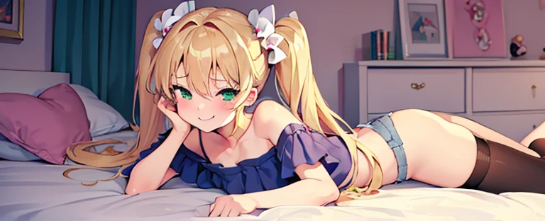 ((Masterpiece)), ((Best Quality)), (Ultra-detailed), ((high definition 4k)) Anime style, on the bed, Cute, 1girl in, Solo, (denim shorts), ((Beautiful green eyes)), Smile, (thin legs), ((on bedroom)), details in the environment, face the lens, full body, ((off shoulder croptop)), white croptop, lesbian, lie in bed, seductive, seductive smile, seductive eyes, undressing, panties, raped, accurate depiction of the human body, 1 girl, cute, bratty, spoiled, blonde hair, twintails, long hair, cute, bratty, treasing look, dim lighting, green eyes, smiling, sassy, sassy smile, small, , pink room, child's room, stuffed animals on room, blond hair, long blond hair, twintails, twin-tails, golden twintails, blond twintails, making heart shape with hands while laying on the bed, ((bows on head))