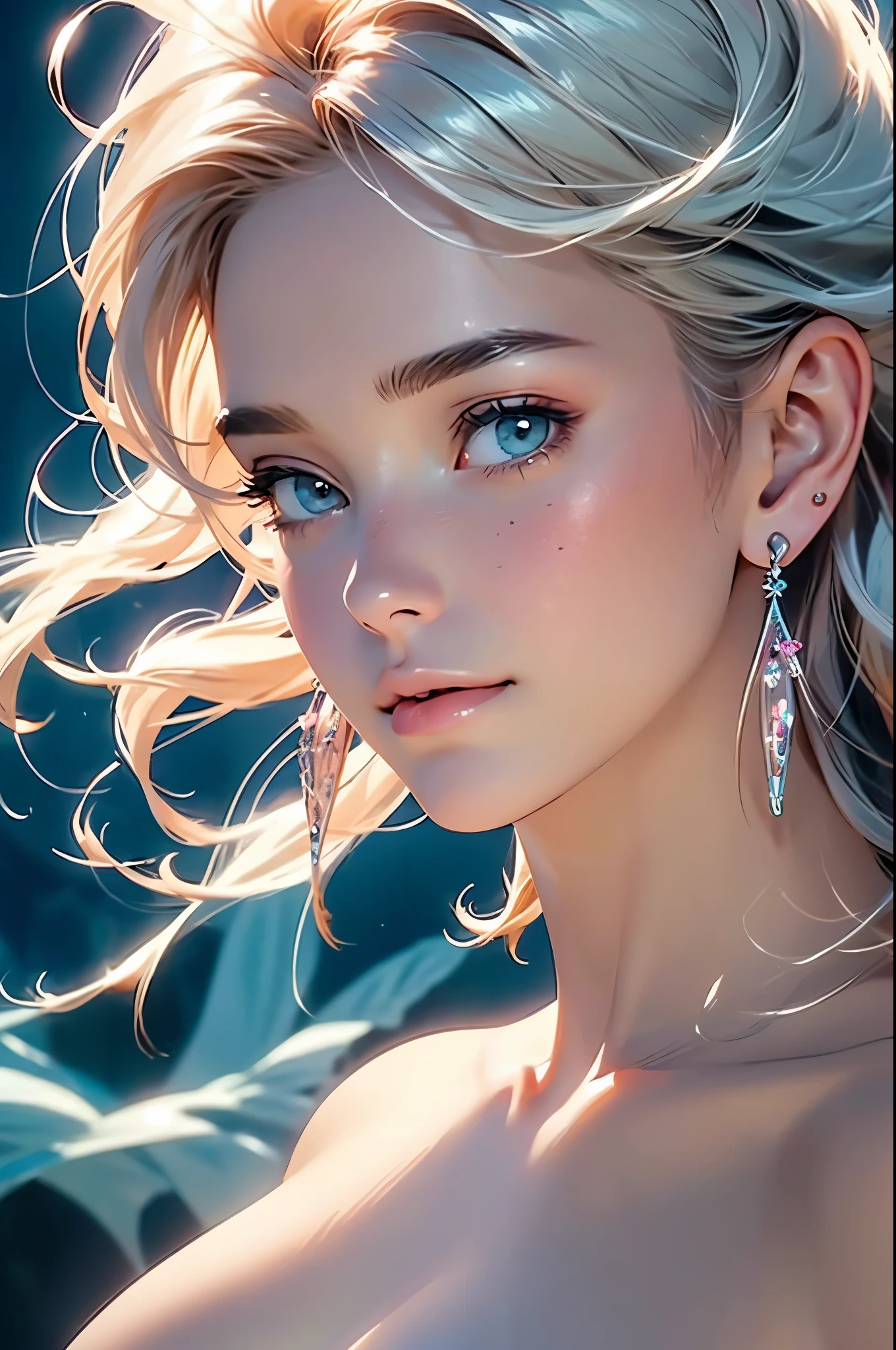 ((best quality)), ((masterpiece)), (detailed), detailed skin, fluid dynamics, nude, big bust, pink nipples, Brilliant water halo, Diamond, Sapphire, ocean, long curly hair, Pinkorange hair, (fractal art:1.1), highest detailed, (zentangle:1.2), (dynamic pose), (abstract background:1.3), (earrings:1.4), (Shiny white skin), tiffany blue, (Big breast), (better delicate eyes), (model body), ((close-up face)), happy face, 8K