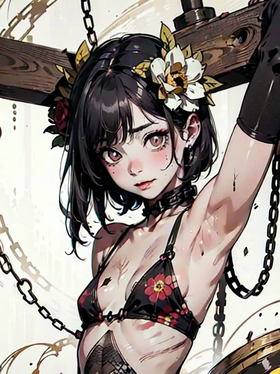((Background made up of chains and flowers))、scribble, nightmare, doll-like face, Manga style, rough sketch, Horror elements, (masterpiece), (High resolution), (Very delicate), (clear), Manga style illustration, (drawing style), Japanese painting, My whole body is scary, (spooky), Japan sculpture,crazy illustration, Flat Illustration, spookyな外観, Characteristic hairstyle, Unique atmosphere、Small eyes、(Flat Chest), ((Muddy hair)),Chains wrapped around the body、(Stitched Body))、Open your arms,Skin full of stitches,restrained by thick chains、Colorful clown costumes、Black line art on a white background, Until then,Does not discharge black, Coloring book, Highly detailed and exquisite fan art, Black ink strokes,