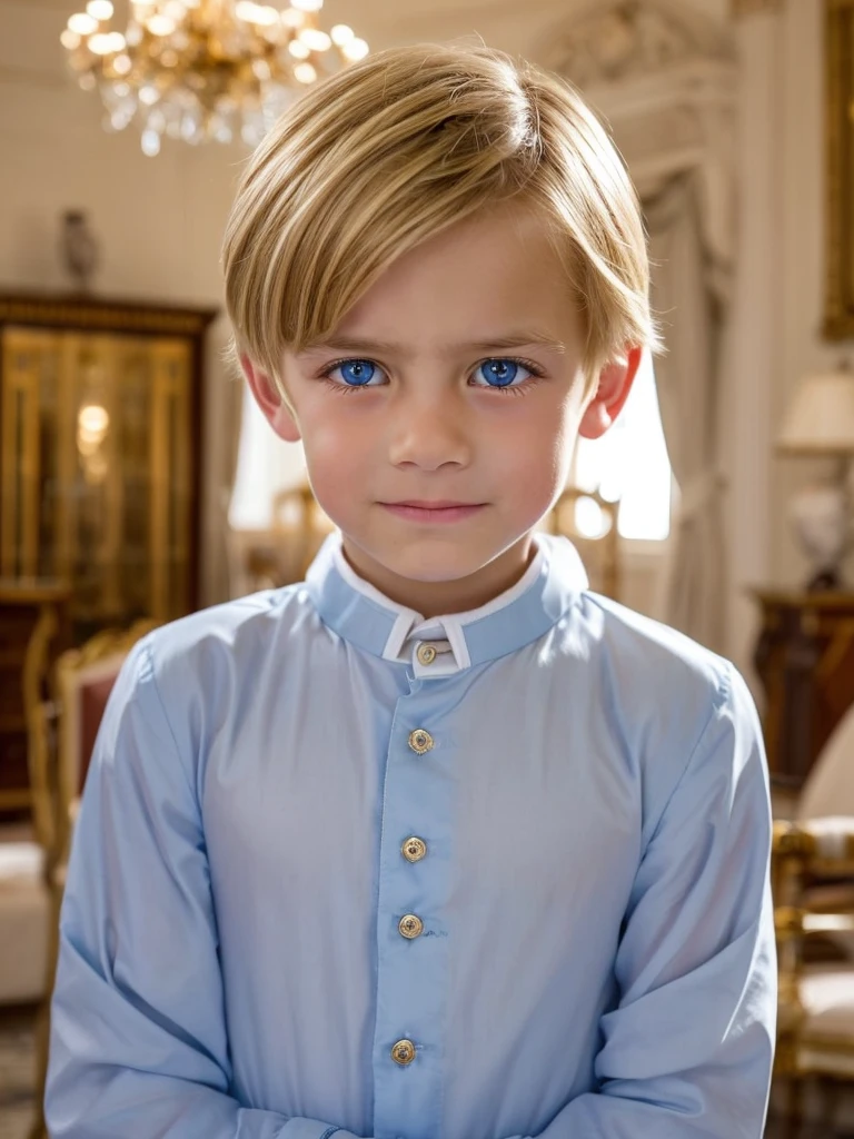 A 10 year old boy with very light brown hair, ojos azules piel blanca, rasgos finos europeos, con ropa muy formal y elegante, en la sala de su casa mirada triste, melancholic features, tristeza en el rostro, mejillas gorditas