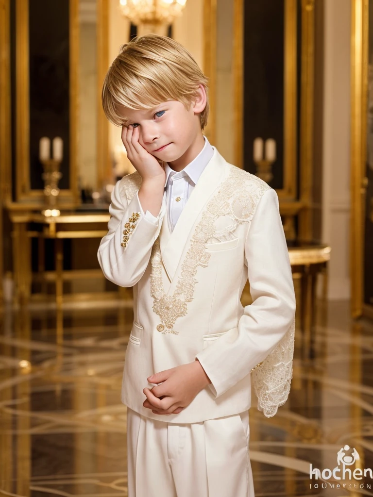 A boy crying blond boy with blue eyes very white skin very beautiful and tender face in a large and elegant room with elegant clothes male Londoner