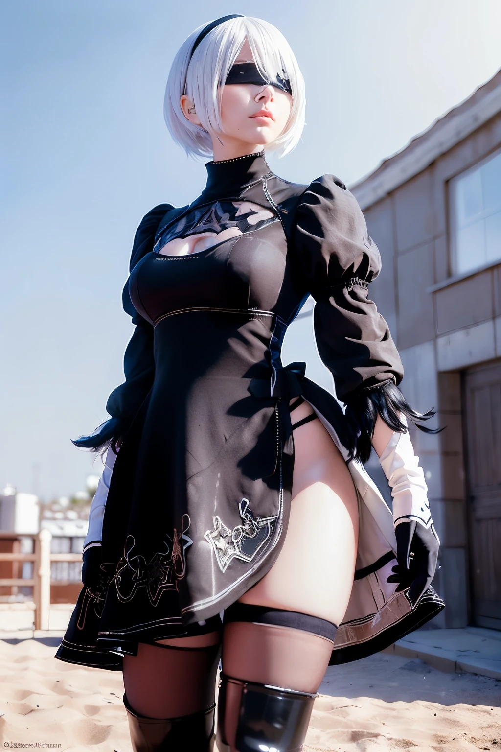 (8k, RAW Photos, highest quality, masterpiece:1.2), (Realistic, photo-Realistic:1.37), Very detailed, Ultra-high resolution, masterpiece, highest quality, One girl,Cowboy Shot, street, YoRHa 2b,Detailed Background, 2B Cosplay,2b,Black Dress,Are standing, from the front,Large Breasts,Tall Girl,  Eyeshade