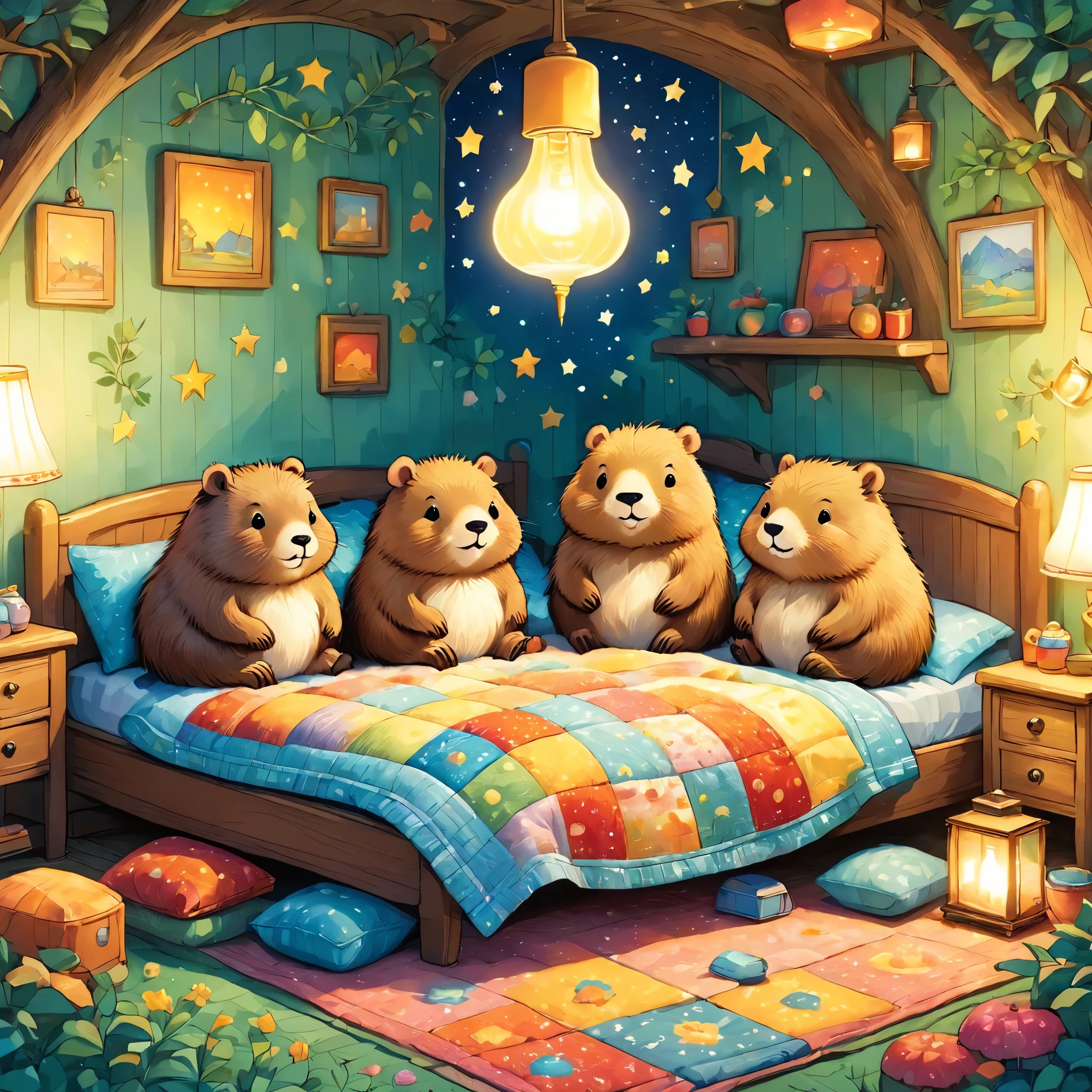 cuteAn illustrationカピバラの家,Capybara family:animal:hibernating:cute:Nestle:sleep:comfortable and warm:looks happy,An illustration,pop,colorfulに,draw with thick lines,color,dim,Lamp light,hibernatingのCapybara familyが眠っています:Happy dreamsを夢見る,The house is warm and full of happiness,,colorful,Fancy,Fantasy,patchwork:quilt,detailed details,fluffy,Randolph Caldecott Style,豊富なcolor,Cast colorful spells,concentrated,The best configuration,Perfect composition,accent,子供が喜ぶAn illustration,For kids,feel warm,wonderful like a dream,Happy and fun looking capybaras,Little,Cast colorful spells,Sparkling,Anatomically correct,pajamas,Putting a  to bed,Happy dreams