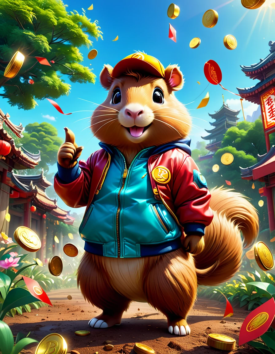 (Pixar style:1.6)，Electric creatures inspired by Pokémon，Create 3D renderings of fantasy creatures with electrical properties，Anthropomorphic Capybara cartoon character wearing trendy street clothes，Wearing a capital B varsity jacket，Popular fashion sports shoes，This Capybara has a happy expression on his face.，Smile，Bright appearance，Elegant posture，The outstretched arm seems to be pointing to something exciting，Show fun and enthusiasm，The background is the Agricultural Park，firecracker，Spring Festival Couplets，The gold coins and red envelopes on the ground create a happy scene of tree planting