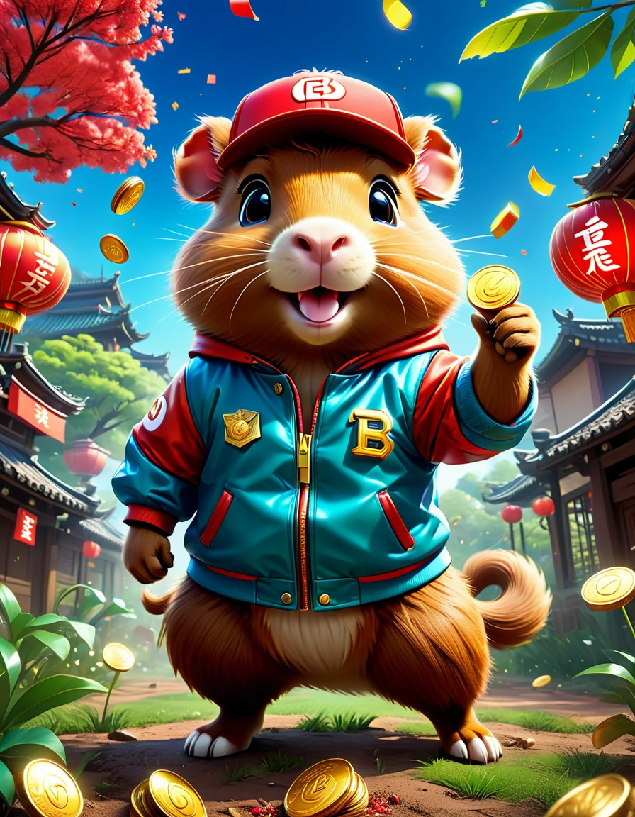 (Pixar style:1.6)，Electric creatures inspired by Pokémon，Create 3D renderings of fantasy creatures with electrical properties，Anthropomorphic Capybara cartoon character wearing trendy street clothes，Wearing a capital B varsity jacket，Popular fashion sports shoes，This Capybara has a happy expression on his face.，Smile，Bright appearance，Elegant posture，The outstretched arm seems to be pointing to something exciting，Show fun and enthusiasm，The background is the Agricultural Park，firecracker，Spring Festival Couplets，The gold coins and red envelopes on the ground create a happy scene of tree planting
