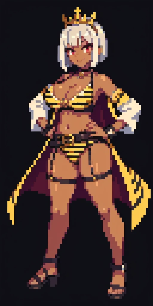 (nsfw)((BLACK BACKGROUND 1:2, masterpiece)) 1solo female full body MILF BIMBO standing straight symmetrical with two long thighs and two metal sandals, red eyes like rubies, eye focus looking to the viewer, silver white hair, short bob style hair, big knockers breastplate, breastplate, cleavage, tiara royal, long cape up to two feet, yellow bikini (yellow tiger stripes), lustful smirking smiling, smile face (red blushed, red cheeks), pauldrons metal shoulders, gold sleeveless bracelets, separate sleeves, hands on waist hands OR hips, golden bracers, metal handcuffs, leather corset, red loincloth, black leather choker slave collar, shackles bracelets, slave red crest under navel, navel, big belt around waist OR hips, feet together, metal ankle, two long thighs and two metal sandals (GYARU)(DARK SKIN)