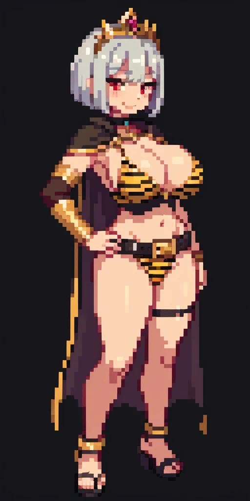 (nsfw)((BLACK BACKGROUND 1:2, masterpiece)) 1solo female full body MILF BIMBO standing straight symmetrical with two long thighs and two metal sandals, red eyes like rubies, eye focus looking to the viewer, silver white hair, short bob style hair, big knockers breastplate, breastplate, cleavage, tiara royal, long cape up to two feet, yellow bikini (yellow tiger stripes), lustful smirking smiling, smile face (red blushed, red cheeks), pauldrons metal shoulders, gold sleeveless bracelets, separate sleeves, hands on waist hands OR hips, golden bracers, metal handcuffs, leather corset, red loincloth, black leather choker slave collar, shackles bracelets, slave red crest under navel, navel, big belt around waist OR hips, feet together, metal ankle, two long thighs and two metal sandals (GYARU)(DARK SKIN)