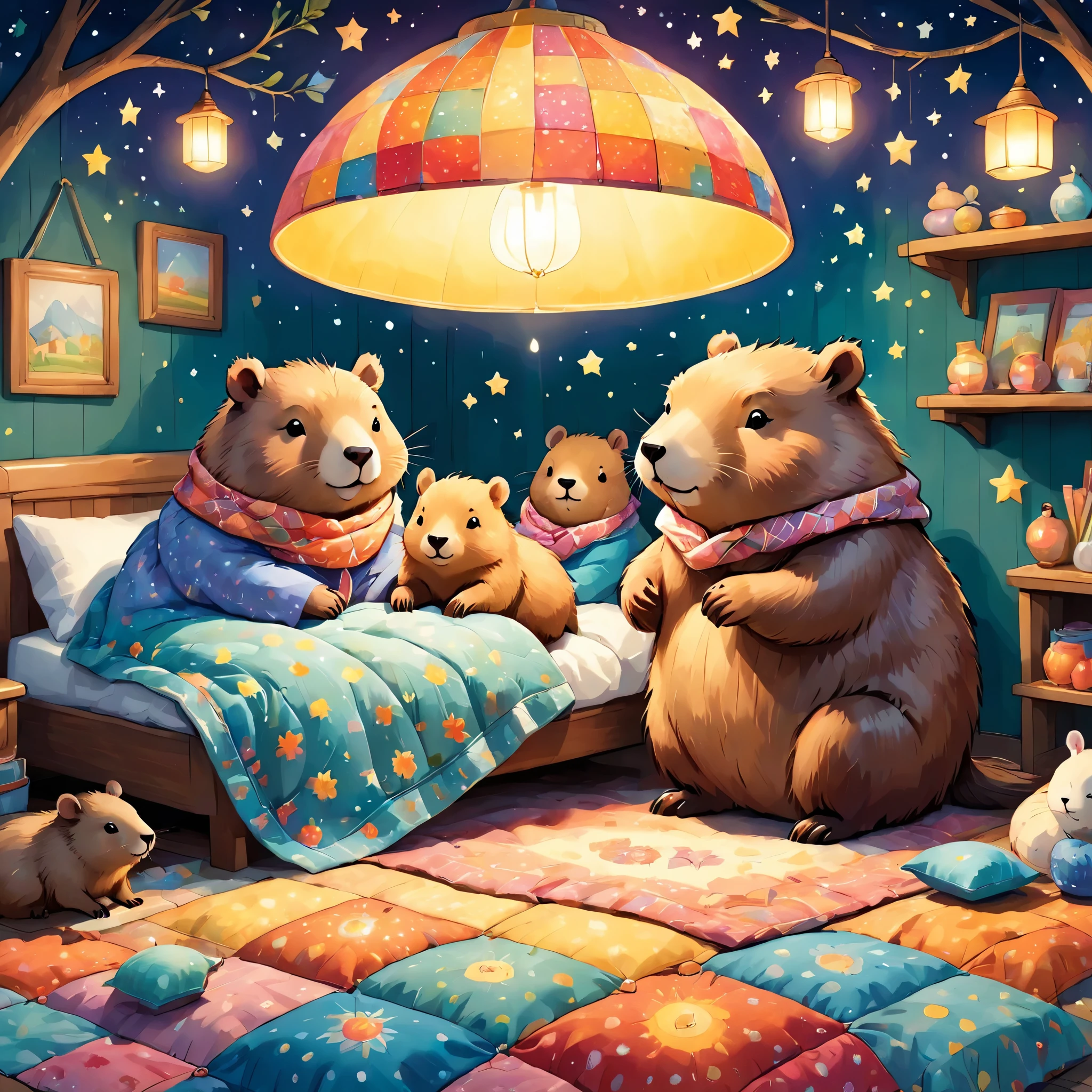 cuteAn illustrationカピバラの家,Capybara family:animal:hibernating:cute:Nestle:sleep:comfortable and warm:looks happy,An illustration,pop,colorfulに,draw with thick lines,color,dim,Lamp light,hibernatingのCapybara familyが眠っています:dream happy dreams,The house is warm and full of happiness,,colorful,Fancy,Fantasy,patchwork:quilt,detailed details,fluffy,Randolph Caldecott Style,豊富なcolor,Cast colorful spells,concentrated,The best configuration,Perfect composition,accent,子供が喜ぶAn illustration,For kids,feel warm,wonderful like a dream,Happy and fun looking capybaras,Little,Cast colorful spells,Sparkling,Anatomically correct,scarf,pajamas