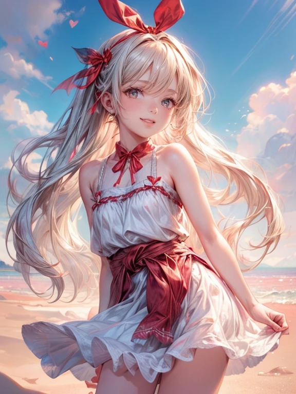 (fullboy shot:1.2), masterpiece:1.3,highres,32k,photorealistic:1.37,ultra-detailed:1.3,cute girl in sandy beach, cute pure white ruffle dress(Cute red ribbon on the waist:1.4), smile lightly face down on the sandy beach,beautiful delicate(hair,face,ribbon,skin,legs,beach):1.4,blushed cheek,half-closed mouth,bright rosy lips,sparkling eyes,delicate pupils, vibrant colors illustration