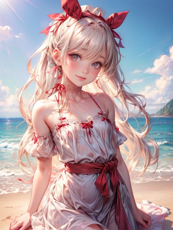 (fullboy shot:1.2), masterpiece:1.3,highres,32k,photorealistic:1.37,ultra-detailed:1.3,cute girl in sandy beach, cute pure white ruffle dress(Cute red ribbon on the waist:1.4), smile lightly face down on the sandy beach,beautiful delicate(hair,face,ribbon,skin,legs,beach):1.4,blushed cheek,half-closed mouth,bright rosy lips,sparkling eyes,delicate pupils, vibrant colors illustration