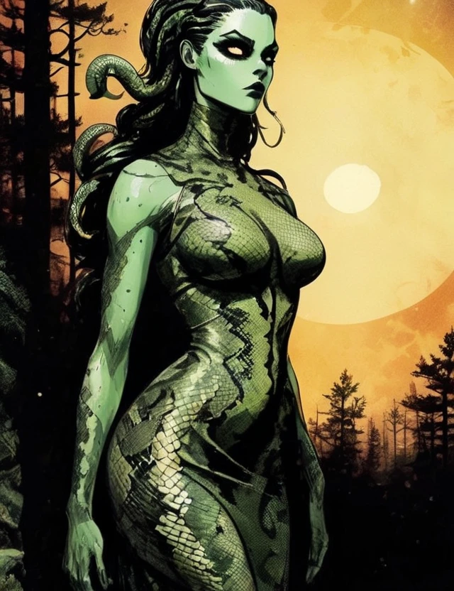 Medusa, splash page decompressed comic cover art, ink style figure,((expressive Joelle Jones and "Sean Gordon Murphy" comic drawing)), wordless, cinematic poster, double exposure, optical illusion, image within image, abyss void black no visibility darkness, full length portrait, (background, pine barrens, entropy, rewilding, magic hour sunset, galaxy stars, cosmos), (horror, abstract, surreal, body, cosmic), candid, snake skin dress, body anatomy drawn Frederic Delavier musculature anatomical illustration, (face, ornate black metal corpse paint, resembles Grace Jones), (body, Naga, snakefolk, lower body snake tail, snake woman hybrid, bald, hairless, skeleton, snake skin tattoos, piercing eyes, snake pupils, over the shoulder), (colors, bleak muted deep fiery radiant glowing ROYGBIV, forest green, earth brown), craftsmanship nuance, (Gerardo Zaffino charcoal), subliminal orchids, nyctophobia, silhouette

