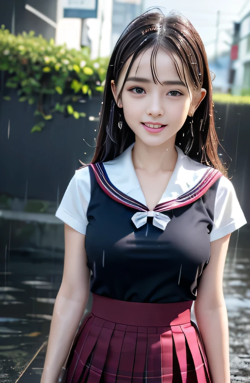 (masterpiece, highest quality:1.2), 8K, official art, RAW photo, incredibly absurd, (whole body, sailor suit:1.4), beautiful girl, 18-year-old、cute face, arch back, navy pleated skirt, close, , short sleeve, (japanese high with sailor collar:1.6), sailor uniform, red scarf, white shirt, (pleated check skirt:1.2), looking at the viewer, film grain, chromatic aberration, sharp focus, face light, dynamic lighting, cinematic lighting, detailed eyes and face, background bokeh, (1 dark red bow tie:1.2)、(heavy rain、dark sky:1.5)、one girl、blush、smile shyly, round big eyes, look at the viewer、(medium sized breasts:1.2)、wet hair、shiny hair、wet face、wet skin、wet body、wet costume、Depth of bounds written、Pointy red mouth、red mouth,clavicle、beautiful fingers、Loosen your tie、cute wet face、(Wet clothes that stick to your chest:1.4)、Wet and see-through clothes、short hairstyle