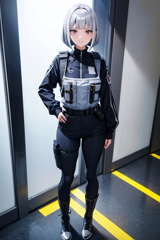 Anime Art、Full body portrait、Space SF security guard、A female security guard in her 20s, standing upright and about 155cm tall, wearing a silver uniform、laughing、silver hair in a bob cut、Silver Eyes、boots、Bulletproof vest、