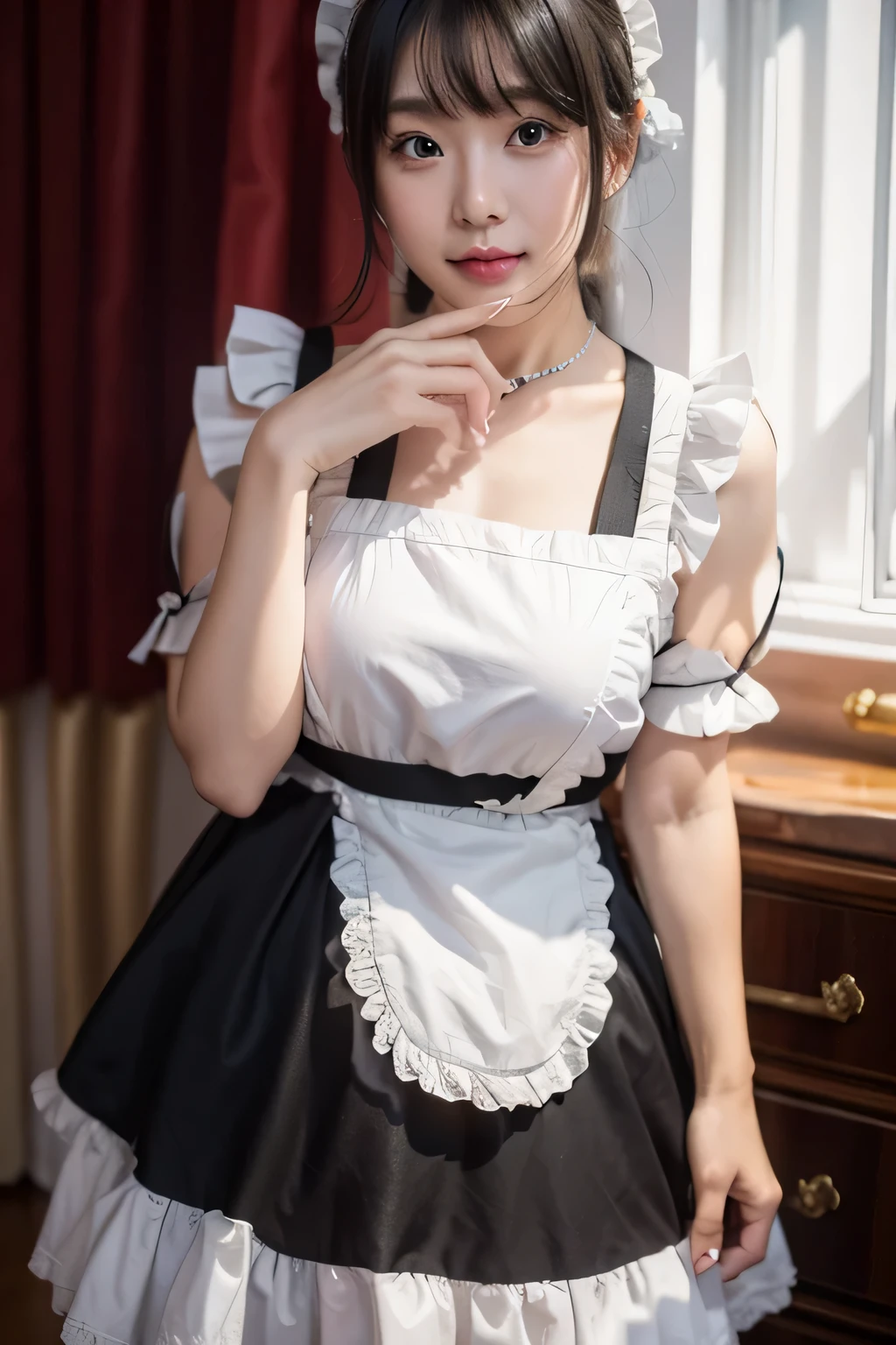 (masterpiece, best quality, 8k, RAW photo, beautiful and aesthetic:1.2),complex detail,ultra-detailed,(realistic skin), (((full body is in the frame))),smile
、Black hair bob maid erotic
