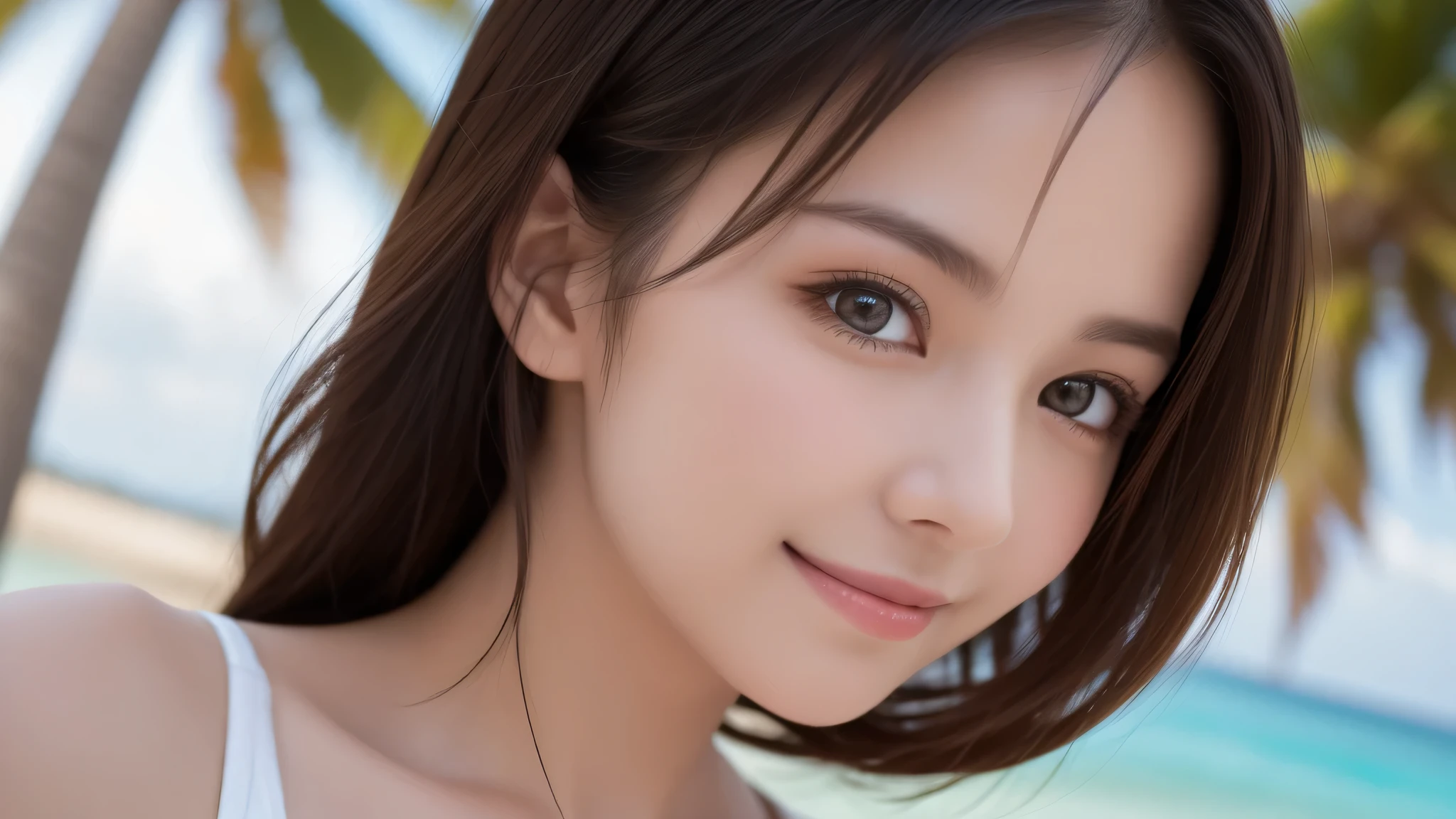 (2girl), enchanting smile, (extremely detailed beautiful face), (highly detailed eyes, highly detailed face), (bikini), Fresh, very clean appearance, (best Quality:1.4), (hyper-realistic, hight resolution), Professional Photography, beach, palm trees, standing, Outdoors, (beach), beautiful bule sky, backlit, Close up portrait of girl, staring at me,