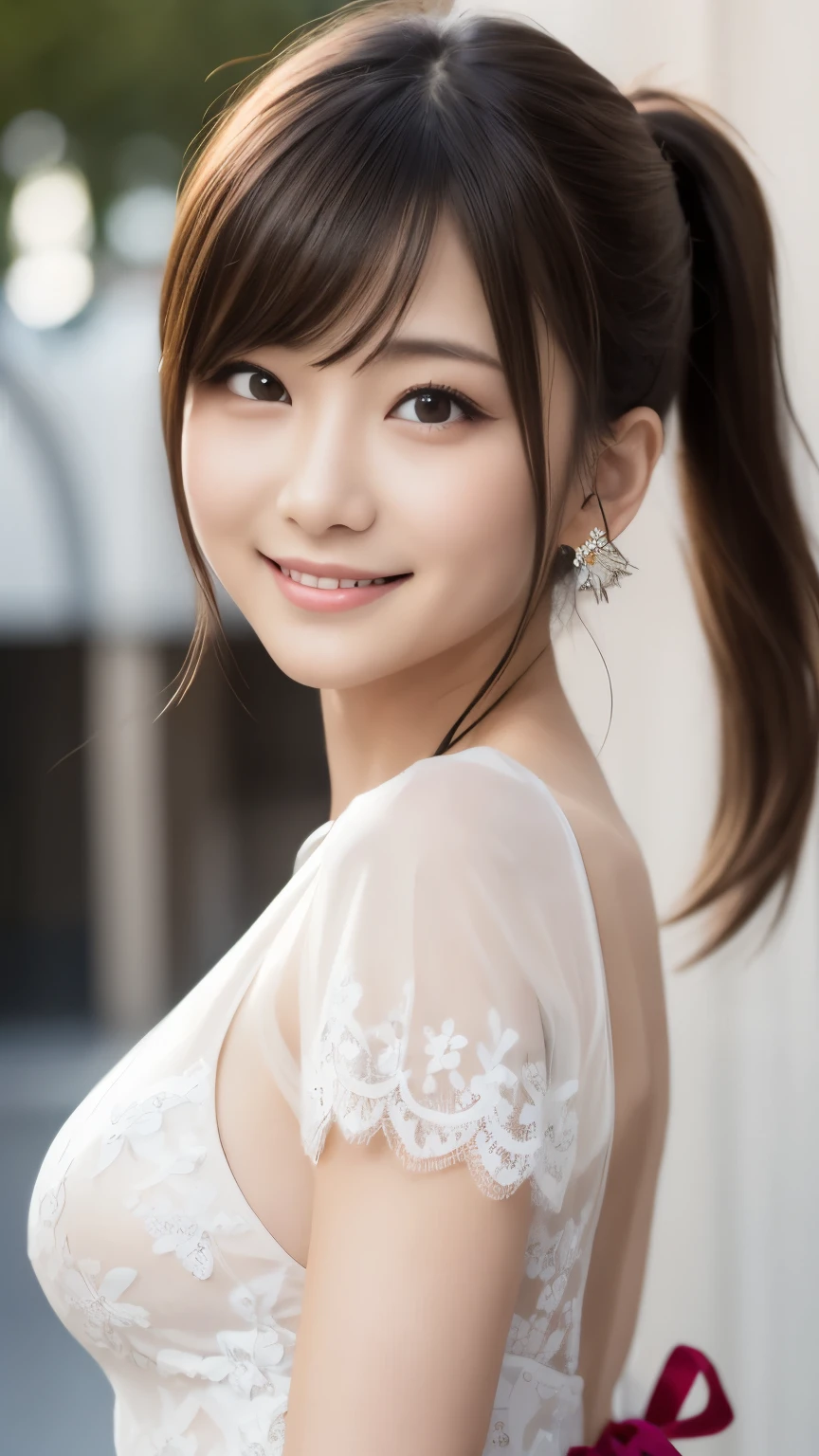 bright表情、Photorealistic:1.32、highest quality、超A high resolution、最も美しい日本のgirlの写真、Cute and beautiful face details、Small Face、(Purelos Face_V1:0.008)、美しいbangs、************、Radiant, fair, glowing skin、Hair gets tangled in the face、girl１people、顔まで伸びるbangs、bangs、Hair between the eyes、Attractive brown silky hair、bright、Clear eyes shine charmingly、Dynamic pose、highest quality、Disorganized、((the cutest girl in the world))、日本people、((Maxi length see-through lace dress with ribbon:1.3))、(ponytail:1.3)、(tie with a thin ribbon)、Nice and cute、An innocent smile、nice smile、no cleavage、(Large Breasts:1.3)、(The gesture of putting your hair behind your ears with your hands:1.3)、Side Tail、Brown Hair、Small waist、Detailed beautiful eyes、View your viewers、Upper Body、Close-up of face、Front view、