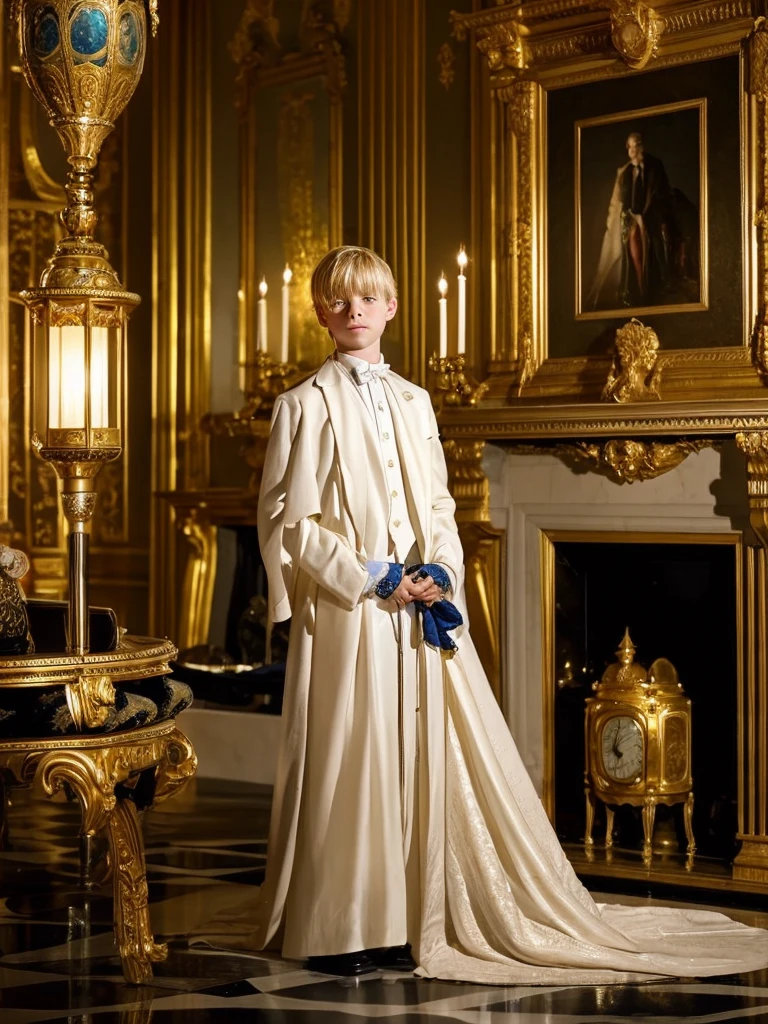 A  boy crying blond boy with blue eyes very white skin very beautiful and tender face in a large and elegant room with elegant clothes male Londoner at night next to a large and elegant fireplace next to a large pendulum clock