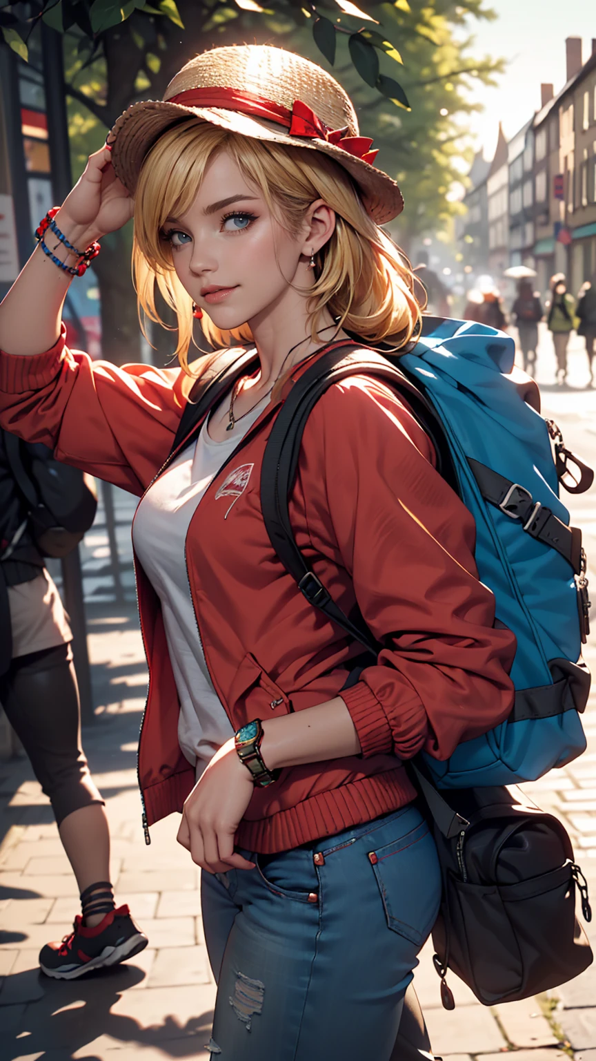 ((最high quality, 8K, masterpiece: 1.3, Ultra HD, high quality, 最high quality, High resolution, realism)) 、A 22-year-old extremely beautiful white woman、Hair color blonde、blue eyeedium Hair、Straight Hair、smile、Slender but well-proportioned body、Background blur((depth of field))、Aerial perspective((atmospheric perspective))、I want my head to stay off screen、Wearing accessories on the wrist、Put an anklet on your ankle、Wearing red nail polish、I have a peticure、In the Scottish wilderness、Wear a windbreaker、wear jeans、Wear trekking shoes、Carry a large backpack on your back、Wearing a Tyrolean hat、Pointing to the red feather