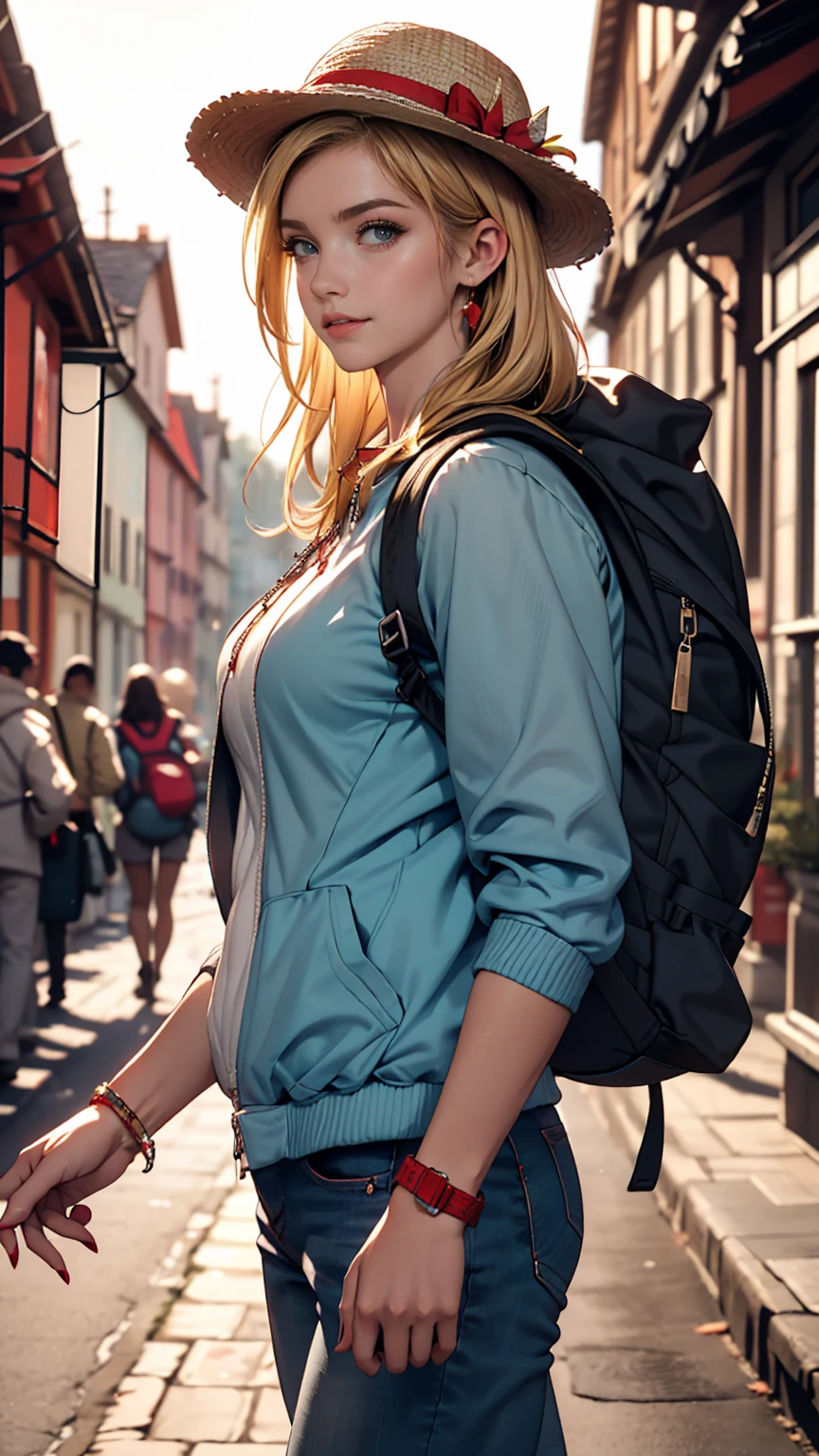((最high quality, 8K, masterpiece: 1.3, Ultra HD, high quality, 最high quality, High resolution, realism)) 、A 22-year-old extremely beautiful white woman、Hair color blonde、blue eyeedium Hair、Straight Hair、smile、Slender but well-proportioned body、Background blur((depth of field))、Aerial perspective((atmospheric perspective))、I want my head to stay off screen、Wearing accessories on the wrist、Put an anklet on your ankle、Wearing red nail polish、I have a peticure、In the Scottish wilderness、Wear a windbreaker、wear jeans、Wear trekking shoes、Carry a large backpack on your back、Wearing a Tyrolean hat、Pointing to the red feather