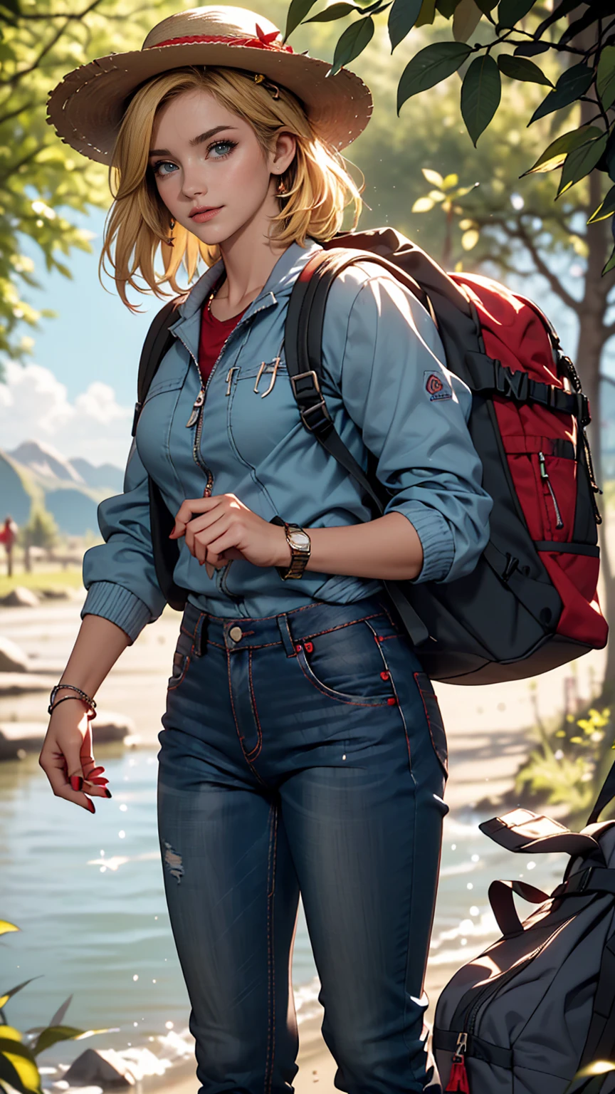 ((最high quality, 8K, masterpiece: 1.3, Ultra HD, high quality, 最high quality, High resolution, realism)) 、A 22-year-old extremely beautiful white woman、Hair color blonde、blue eyeedium Hair、Straight Hair、smile、Slender but well-proportioned body、Background blur((depth of field))、Aerial perspective((atmospheric perspective))、I want my head to stay off screen、Wearing accessories on the wrist、Put an anklet on your ankle、Wearing red nail polish、I have a peticure、In the Scottish wilderness、Wear a windbreaker、wear jeans、Wear trekking shoes、Carry a large backpack on your back、Wearing a Tyrolean hat、Pointing to the red feather