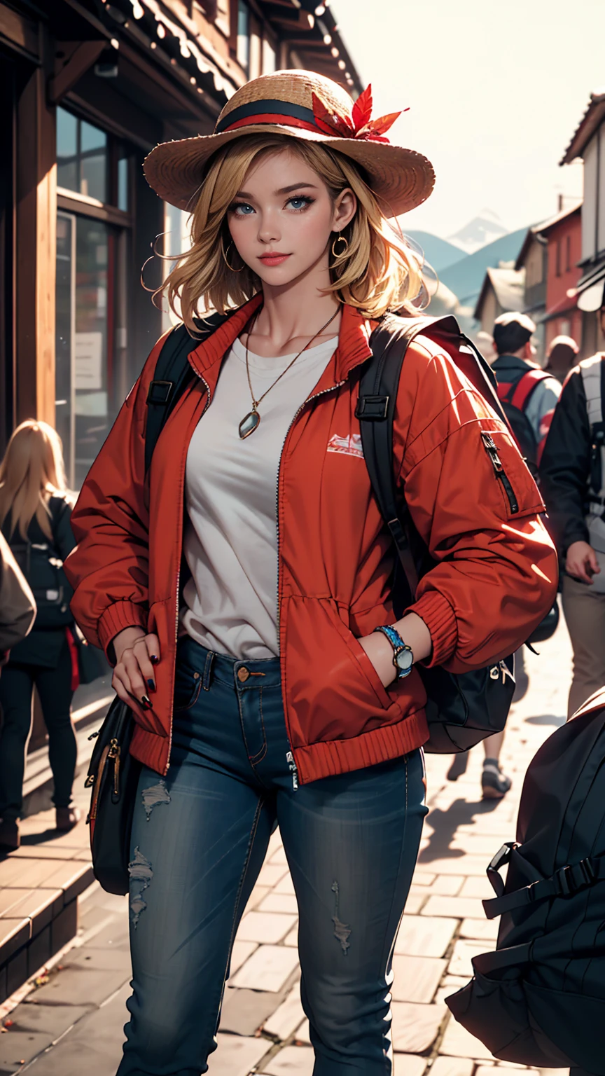 ((最high quality, 8K, masterpiece: 1.3, Ultra HD, high quality, 最high quality, High resolution, realism)) 、A 22-year-old extremely beautiful white woman、Hair color blonde、blue eyeedium Hair、Straight Hair、smile、Slender but well-proportioned body、Background blur((depth of field))、Aerial perspective((atmospheric perspective))、I want my head to stay off screen、Wearing accessories on the wrist、Put an anklet on your ankle、Wearing red nail polish、I have a peticure、In the Scottish wilderness、Wear a windbreaker、wear jeans、Wear trekking shoes、Carry a large backpack on your back、Wearing a Tyrolean hat、Pointing to the red feather