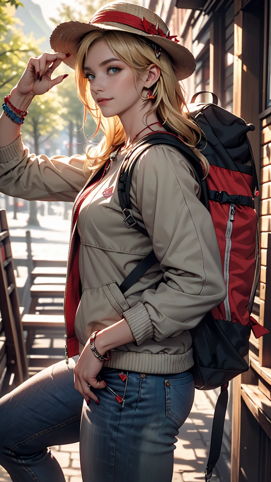 ((最high quality, 8K, masterpiece: 1.3, Ultra HD, high quality, 最high quality, High resolution, realism)) 、A 22-year-old extremely beautiful white woman、Hair color blonde、blue eyeedium Hair、Straight Hair、smile、Slender but well-proportioned body、Background blur((depth of field))、Aerial perspective((atmospheric perspective))、I want my head to stay off screen、Wearing accessories on the wrist、Put an anklet on your ankle、Wearing red nail polish、I have a peticure、In the Scottish wilderness、Wear a windbreaker、wear jeans、Wear trekking shoes、Carry a large backpack on your back、Wearing a Tyrolean hat、Pointing to the red feather