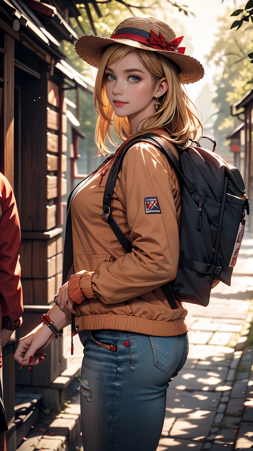 ((最high quality, 8K, masterpiece: 1.3, Ultra HD, high quality, 最high quality, High resolution, realism)) 、A 22-year-old extremely beautiful white woman、Hair color blonde、blue eyeedium Hair、Straight Hair、smile、Slender but well-proportioned body、Background blur((depth of field))、Aerial perspective((atmospheric perspective))、I want my head to stay off screen、Wearing accessories on the wrist、Put an anklet on your ankle、Wearing red nail polish、I have a peticure、In the Scottish wilderness、Wear a windbreaker、wear jeans、Wear trekking shoes、Carry a large backpack on your back、Wearing a Tyrolean hat、Pointing to the red feather