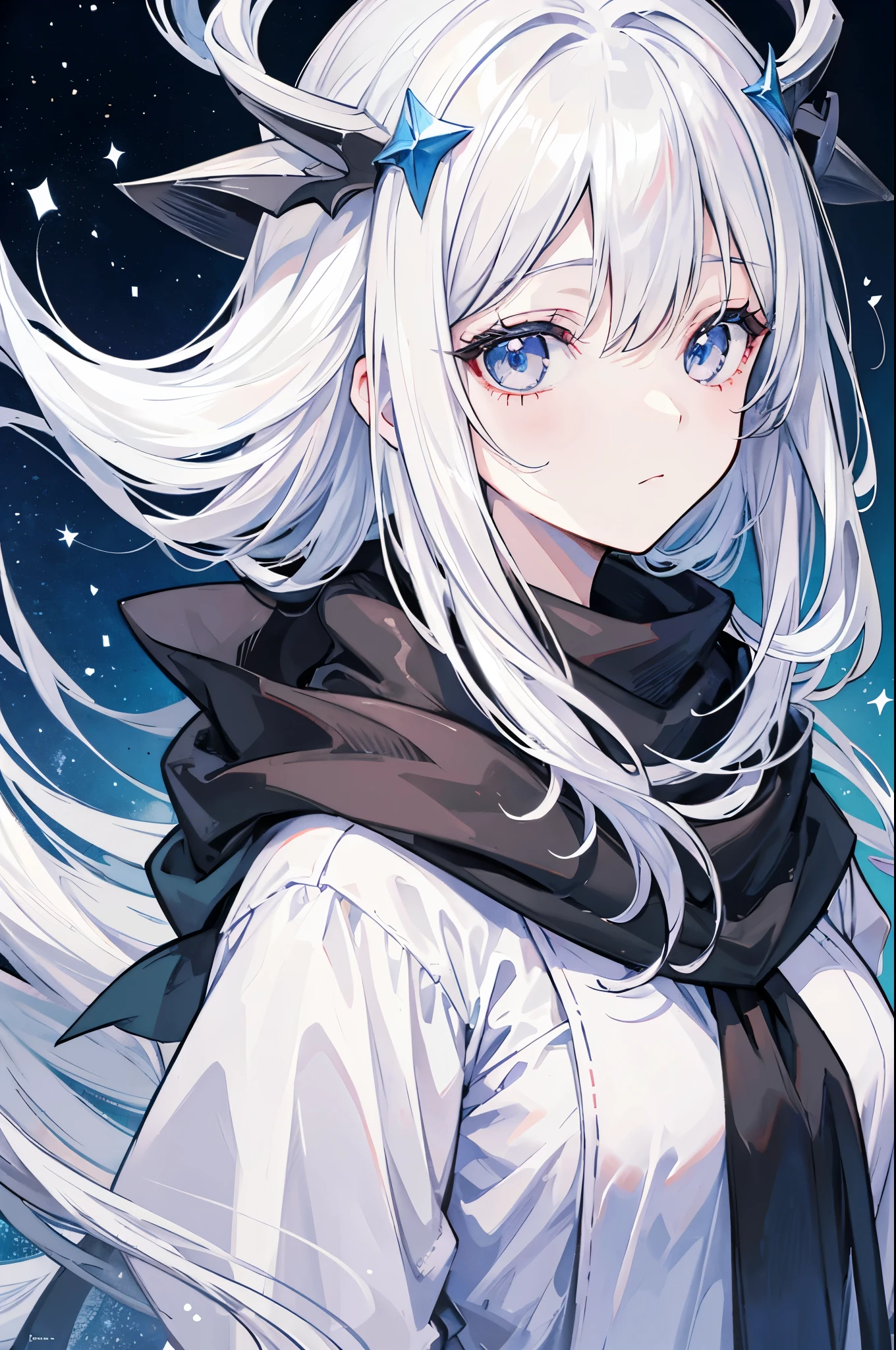 Close-up of a woman with grey hair and a black scarf, Portraits by Jan J, pixiv Contest Winner, Fantasy art, White-haired God, Beautiful character drawings, artwork in the style of Gweitz, The sharp gaze of the Yuki-onna, Gweitz, White long hair, of long white hair, Flowing hair and long robes
