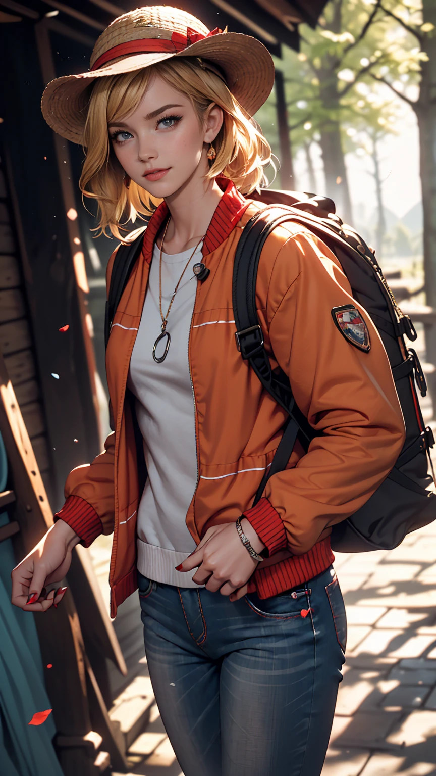 ((最high quality, 8K, masterpiece: 1.3, Ultra HD, high quality, 最high quality, High resolution, realism)) 、A 22-year-old extremely beautiful white woman、Hair color blonde、blue eyeedium Hair、Straight Hair、smile、Slender but well-proportioned body、Background blur((depth of field))、Aerial perspective((atmospheric perspective))、I want my head to stay off screen、Wearing accessories on the wrist、Put an anklet on your ankle、Wearing red nail polish、I have a peticure、In the Scottish wilderness、Wear a windbreaker、wear jeans、Wear trekking shoes、Carry a large backpack on your back、Wearing a Tyrolean hat、Pointing to the red feather