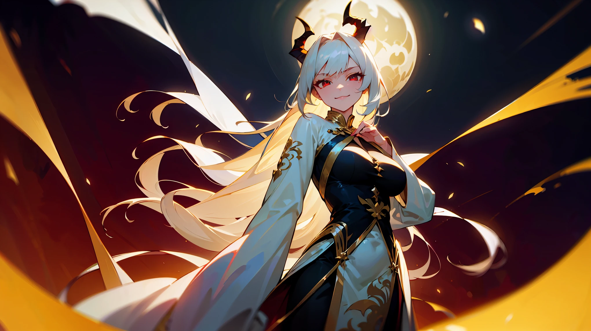 (best quality,highres,masterpiece:1.2),(flatten art:0.75), masterpiece, best quality, 1woman, Anime, darker environment, horns, long straight white hair, golden hair ornaments, white ao dai, red eyes,(detailed eyes), large breast, (delicate fingers), enticing, night, dark, looking at viewer, solo, faint moonlight, smirks