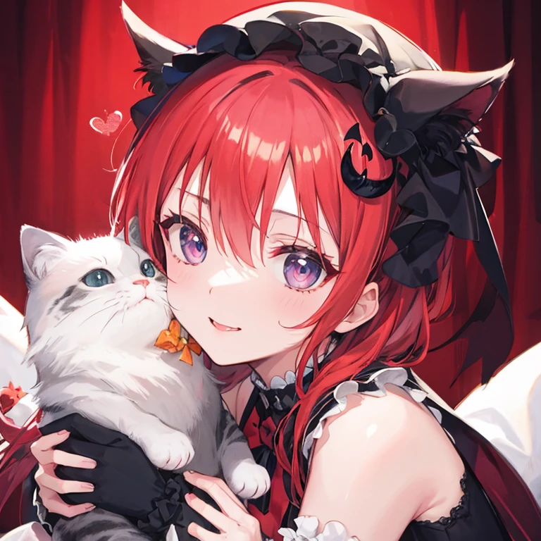 Satanichia mcdowell posando con su gatito lindo desde su cabeza