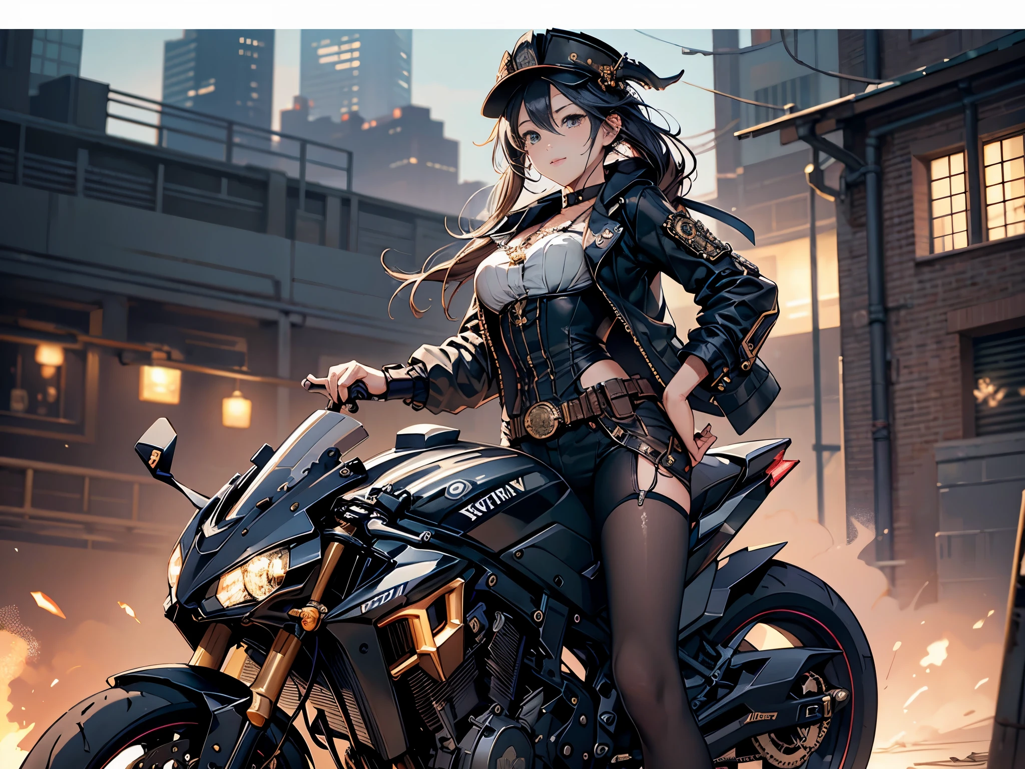 (Line art_anime),(Cowboy Shot, highest quality, ),(Photo by Laura Budd:1.2),(Laura Add details:1.0),8K, Flat Color:0.8,Dynamic Angle,1 girl,smile、(On a steampunk motorcycle:1.5)、An elaborately decorated motorcycle、(Highly decorative and complex mechanical steampunk fashion, lace flare dolphin hat、goggles 1.5、machinery background、Gear background、Intricately mechanized steampunk cityscape 1.5),