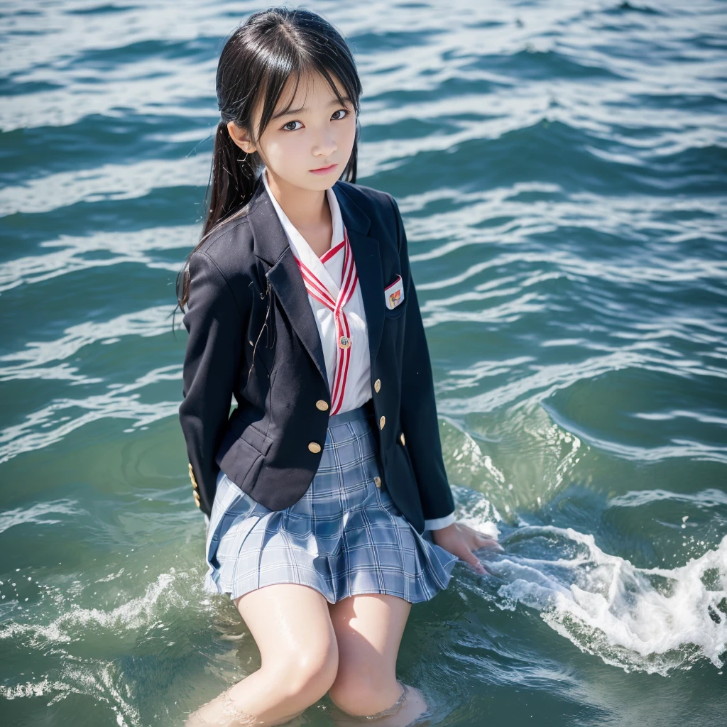 ((8K)),((Japanese)),(16 years old:1.6),(innocent face:1.5),(highly detailed face),girl,cute,uniform,blazer,Chak-patterned skirt,seaside、water play,black hair,baby face
