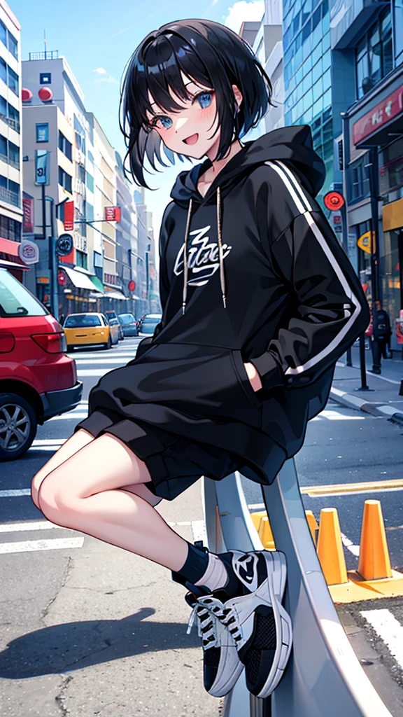 (Absurd , high quality , Super detailed , Watch your hands)Black hair, bob hair, wearing a hoodie, ecstatic expression, sneakers, in the city, fair skin, cute